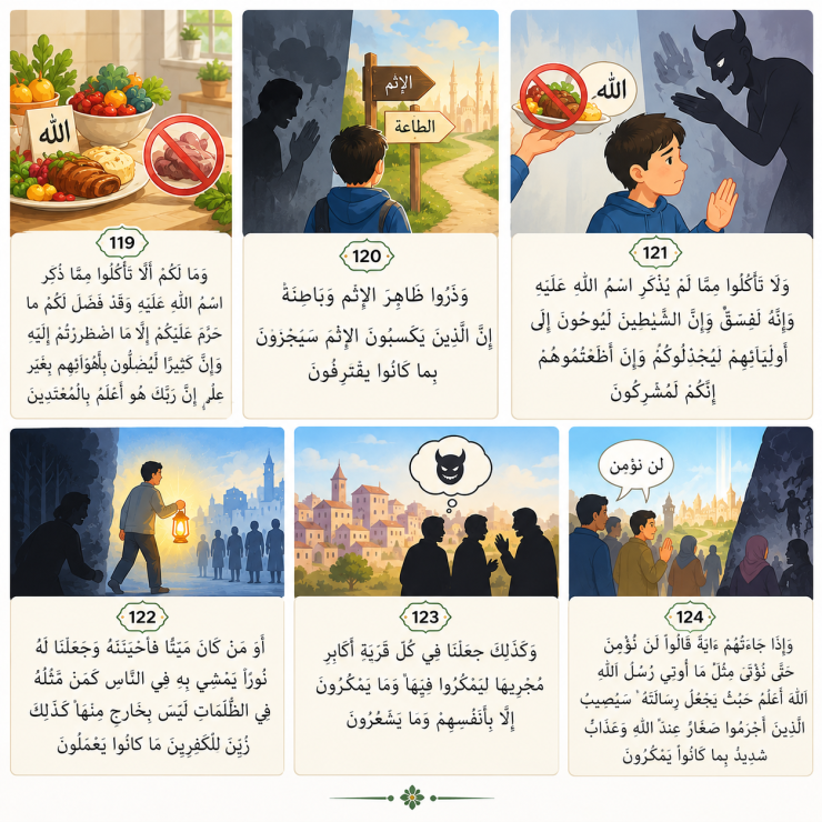ئەنئام، 119 ~ 124 - ئايەتلەرنىڭ تەرجىمە ۋە تەپسىر ھالالنى ھارام ۋەھارامنى ھالال قىلىش ئاللاھقا تۆھمەتتۇر 1